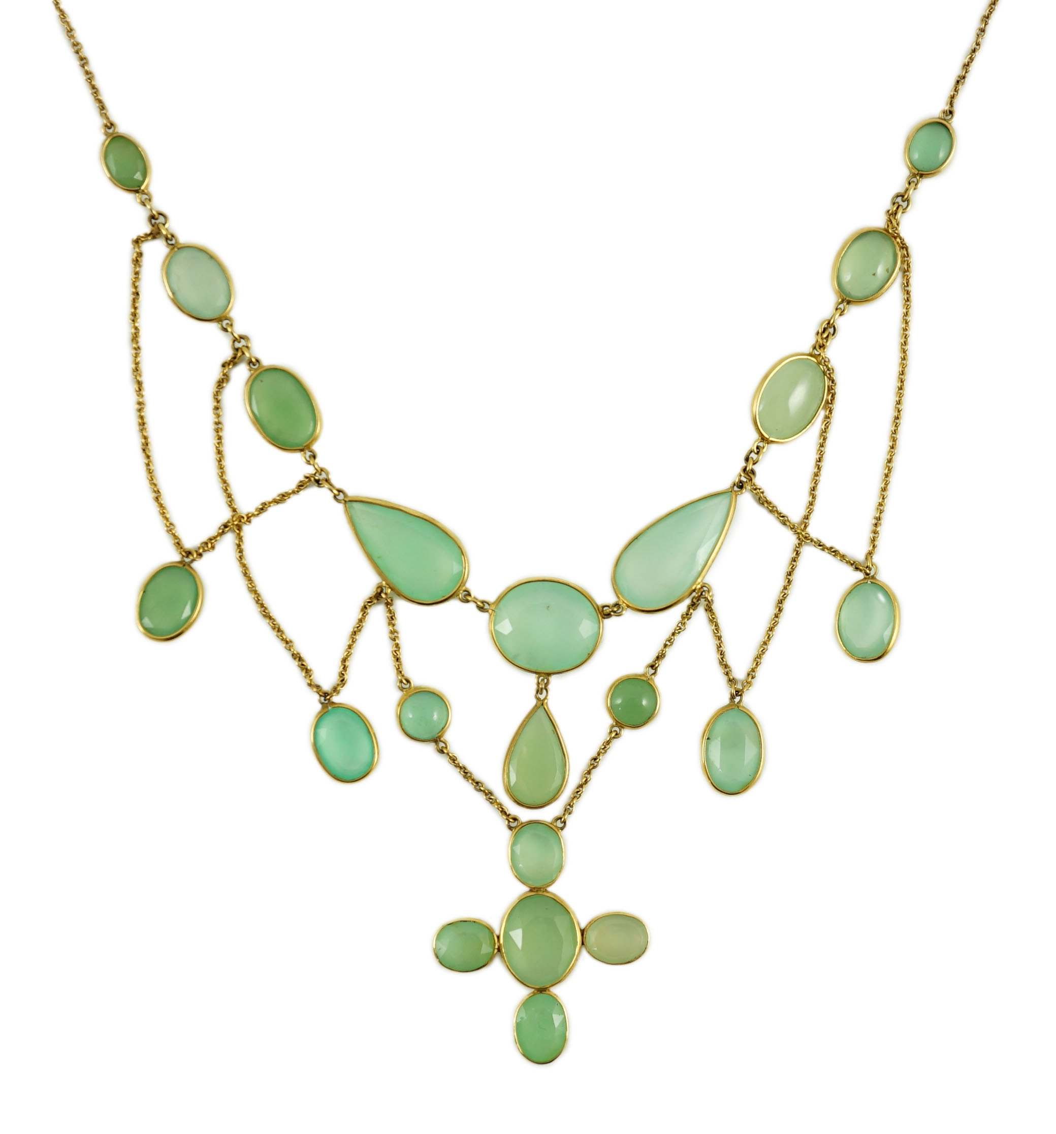 A cased American? 10ct gold mounted and chrysoprase cluster set fringe necklace
